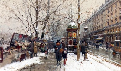 Bücherstände im Winter, Paris von Eugene Galien Laloue